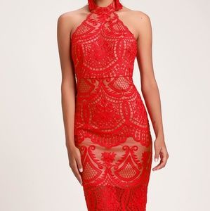 Lulus Red Lace Halter Midi Dress